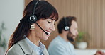 Smile, woman and with headset at call centre in office for consulting, customer service and advice, Agent, coworking and mic with online query, client support and crm feedback of technical assistance
