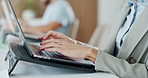 Typing, laptop and hands of businesswoman at seminar in office for finance planning with company budget. Technology, meeting and financial advisor with computer for investment workshop in workplace.