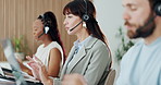 Woman, talk and laptop with headset at call centre for consultation, customer service and advice. Agent, coworking and pc with online query, client support and crm discussion for technical assistance