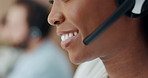 Mouth, woman and call center consultant with mic in office for online consultation with crm contact us. Happy, talk and female technical support agent with headset for customer service in workplace.