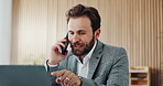 Businessman, phone call and happy with laptop at office with feedback, report or asset management. Person, smartphone and financial advisor with computer, point and consulting at investment agency
