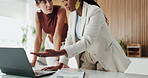 Business, women and discussion with laptop in office for company proposal or project idea. Female people, employee or colleagues with computer or conversation for planning, development or strategy