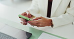 Above, hands and phone with business woman at desk in office for financial report or review. App, investment and typing on mobile with corporate employee in workplace for finance or wealth management