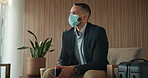 Lobby, mask and businessman with luggage for work trip, thinking and waiting for convention. Travel, hotel and sick person with smartphone for check in, accommodation and safety with suitcase