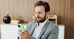 Happy man, smartphone and realtor with texting at office for feedback, contact and scroll on web. Person, phone and real estate agent with mobile app, smile or check notification at property agency