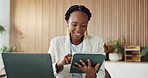 Business, tablet and black woman in office, smile and email for article submission. African person, copywriting and journalist in workplace, tech and website to check news report facts and creativity
