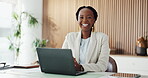 Realtor, face or black woman in office with laptop, career pride or ambition as property seller. Happy, job or real estate agent in workplace with tech, confidence or experience in housing industry.&nbsp;