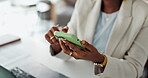 Business, scroll or hands in office with phone, online communication or pitch update on email. Above, woman or employee in agency with tech, proposal browse or networking on virtual platform.