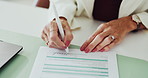 Woman, hands and signing with contract for job application, legal agreement or policy in office. Female person, writing or signature with document or form for career or registration in workplace