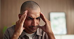 Business, man and discomfort of headache in office from stress, employee fatigue and burnout. Frustrated, male person and migraine ache of workload pressure, brain fog and vertigo tension of deadline