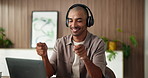 Man, dance and laptop with headphones in office for good news, streaming podcast or article approval. Smile, male person or rhythm with pc, listening to music and playlist album for story publication