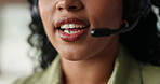 Headset, office and mouth of business woman for virtual assistance, online help and advice. Startup, talking and person with microphone for conversation, consulting and client feedback for contact us