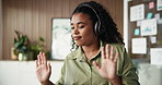 Headphones, happy and businesswoman dancing in office with music, radio or playlist on break. Smile, professional and female creative editor listening to album with audio tech for groove in workplace