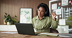 Headphones, laptop and businesswoman dancing in office with music, radio or playlist on break. Smile, computer and female creative editor listening to album with audio tech for groove in workplace.