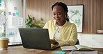 Laptop, research and black woman in office with statistics for finance report with budget planning. Computer, smile and African financial manager with investment proposal with charts in workplace.