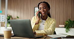 Phone call, creative and black woman on laptop in office for story approval, article source and research. Publishing, journalism and person on smartphone for editor feedback, project and planning
