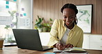 Laptop, notebook and black woman in office with statistics for finance report with budget planning. Computer, research and African financial manager with investment proposal with charts in workplace.