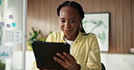 Online, creative and black woman on tablet in office for editing story, proofreading and website research. Publishing, journalism and person on digital tech for editor feedback, article and planning