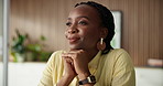 Thinking, business and black woman with smile in office for reflection, real estate and property plan. Realtor, vision or ideas for building design, resale opportunity and listing solution of auction