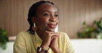 Happy, business and thinking with black woman in office for reflection, real estate and property plan. Realtor, vision or ideas for building design, resale opportunity and listing solution of auction
