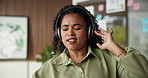 Headphones, rhythm and businesswoman dancing in office with music, radio or playlist on break. Happy, fun and female creative editor listening to album with audio tech for groove in workplace.