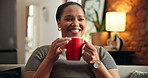 Happy, woman and thinking with coffee, lounge and daydream on couch, flare and comfortable on break. Sniffing, caffeine and black person with hot beverage on weekend, remember and reflection in home
