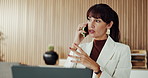 Laptop, woman and phone call discussion at desk for venue booking, client feedback and info. Event planner, mature person and contact supplier with tech in office for vendor negotiation and planning
