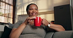 Aroma, happy and black woman with coffee on sofa for resting, wellness and reflection on weekend. Home, thinking and person on couch with beverage, drink and tea for calm, thoughtful and relax