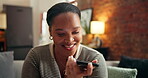 Phone call, recording and happy with black woman on sofa for language feedback, research or voice reminder. Communication, network and contact with person in home for audio note, and translation app