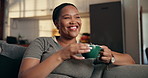 Laugh, smell and black woman with coffee on sofa for resting, wellness and reflection in morning. Home, happy and person on couch with beverage, drink and tea for calm, thoughtful and daydreaming