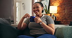 Happy, sofa and face of black woman with coffee for resting, wellness and satisfaction on weekend. Home, smile and portrait of person on couch with beverage, drink and aroma for calm, peace and relax
