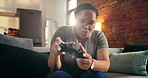Gaming, playful and controller with black woman on sofa for streaming, esports tournament or challenge. Level up, gamer competition or happy with pov of person in living room of home for subscription