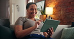 Tablet, reading and happy with black woman on sofa for ebook subscription, relax and contact. Digital library app, online blog and communication with person in living room of home for weekend break