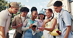 Students, phone and smile with friends in college for social media, admission results and contact. Academy, online university test scores and connection with people on campus for scholarship email