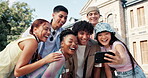 Student, selfie and smile with friends in college for social media post, diversity or profile picture. University memory, photography and education with people on campus for study opportunity