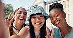 Peace sign, selfie and portrait with students outdoor for social media post, diversity or profile picture pov. University memory, photography and education with women on campus for study opportunity