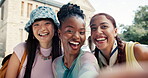 Smile, selfie and portrait with students outdoor for social media post, diversity or profile picture pov. University memory, photography and education with women on campus for study opportunity