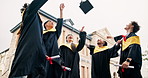 College, people and celebration for graduation, students and milestone for education goals. Group, campus and friends with qualification, success and excited for achievement and university degree