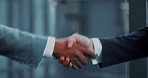 Business, collaboration or hands in workplace with handshake, greeting or meeting for b2b deal. Networking, people or employees in agency with introduction, agreement or opportunity for partnership.