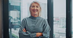 Mature, face or realtor in agency with arms crossed, career or ambition as property seller. Portrait, woman or real estate agent in office with pride, about us or confidence in housing industry.