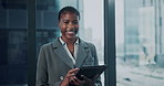 Face, tablet and smile with black woman in office, about us or laugh with compliance consultant. Portrait, funny person and professional with tech, ambition or policy advisor in company for business