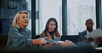 Team, business people and giving paperwork for strategy, agenda or talk in investment meeting. Conversation, planning and hand out document with group in office for finance budget, proposal or report