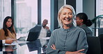 Face, meeting and business woman with confidence in office, about us and happy accountant. Portrait, person and mature manager with arms crossed, leader and financial auditor in corporate company