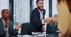 Applause, handshake and well done with business people in office together for corporate success. B2B, clapping and congratulations with employees shaking hands in workplace boardroom for promotion