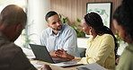 Creative, people and conversation in office with laptop, plan or idea for digital marketing campaign. Team, research and discussion in workplace with computer, proposal or advertising project review.