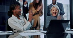 Laptop, happy or business people with applause in office,  acquisition success or growth achievement. Good news, celebration or excited finance team with pc for feedback, investment deal or high five