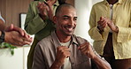 Clapping hands, smile and team with businessman in office for good news, goal or promotion. Happy, applause and male person with group of people for celebration on project success in workplace.