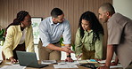 Finance, review or people in office with paper, teamwork or discussion on revenue growth. Collaboration, laptop or sales analyst with documents, budget plan or feedback in performance analysis.