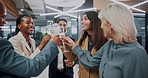 Businessman, team and toast champagne at office for celebration, goals and support at finance agency, People, investor and group with success, alcohol or sparkling wine for achievement at company
