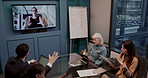 Business, people and television screen with video call, discussion and webinar questions in office. Team, conversation or virtual meeting in workplace with tech for strategy, collaboration or advice.